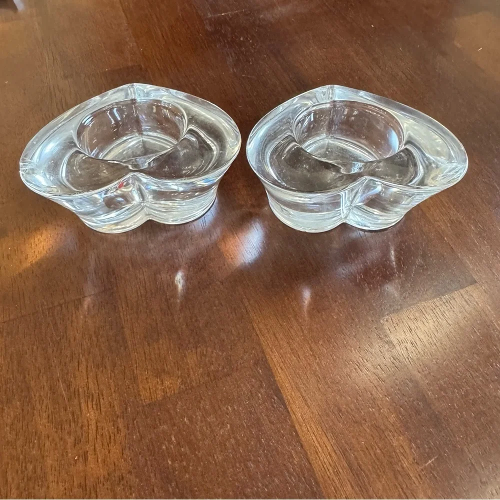 Crate & Barrel Heart-Shaped Glass Candle Holders with Red Candles